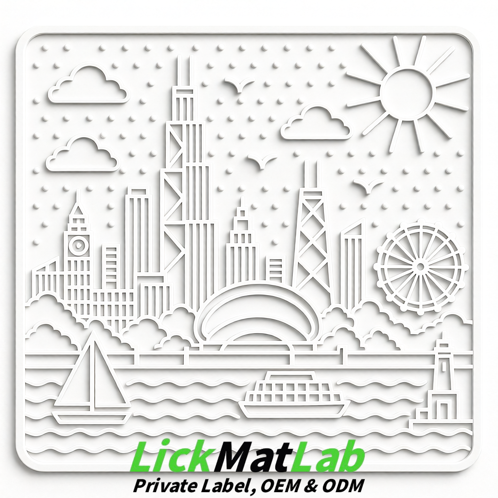 White Chicago Skyline Lick Mats for Dogs & Cats | Private Label