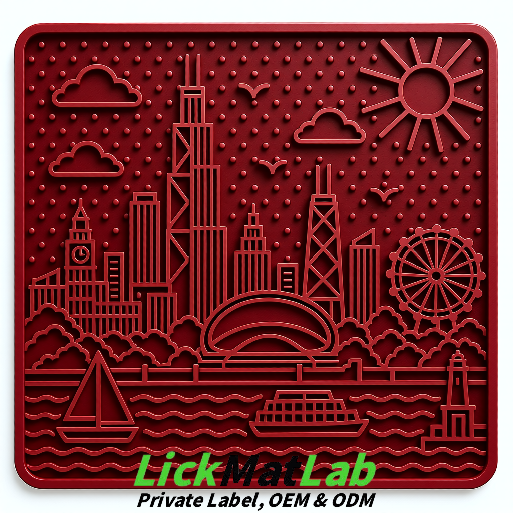 Wine Red Chicago Skyline Lick Mats for Dogs & Cats | Private Label
