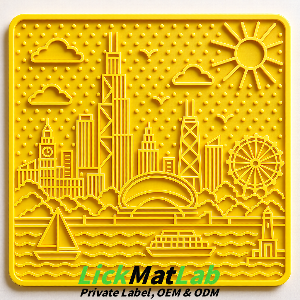 Yellow Chicago Skyline Lick Mats for Dogs & Cats | Private Label