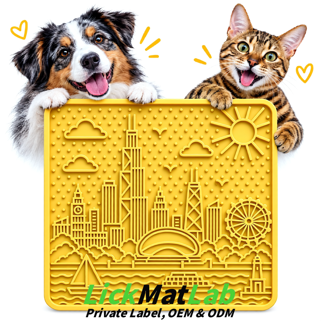 Yellow Chicago Skyline Lick Mats for Dogs & Cats | Private Label