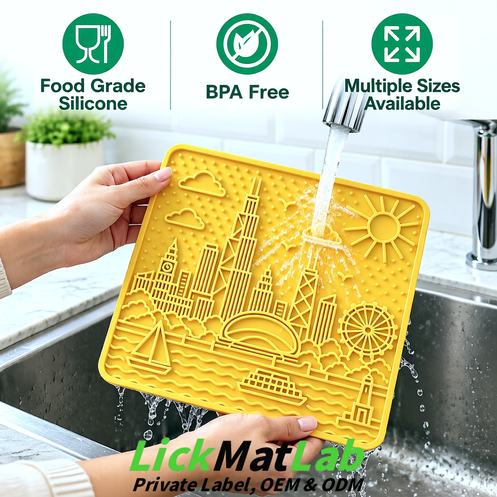 Yellow Chicago Skyline Lick Mats for Dogs & Cats | Private Label